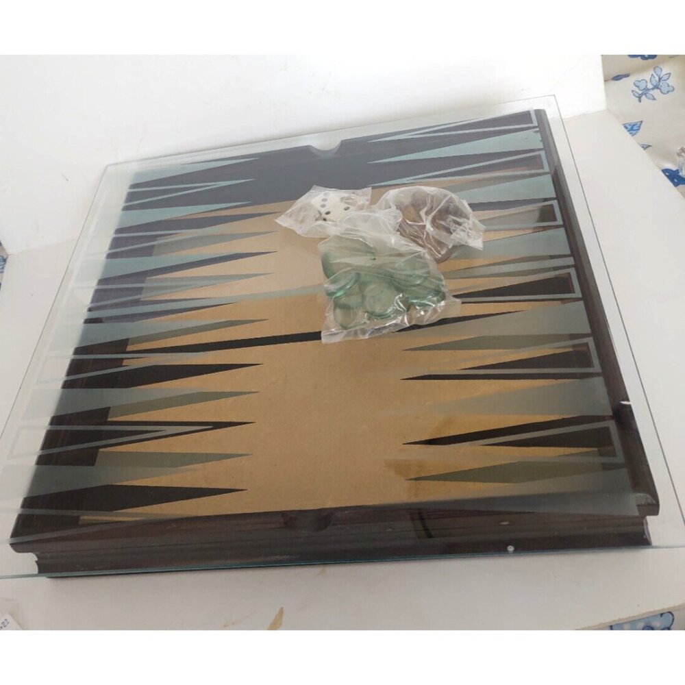 Vintage Wooden Backgammon Game with Glass overlay & Glass Pieces 1970's